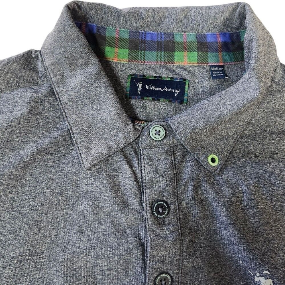 William Murray Polo Shirt Mens Medium Grey Plaid Trim Performance Golf Top